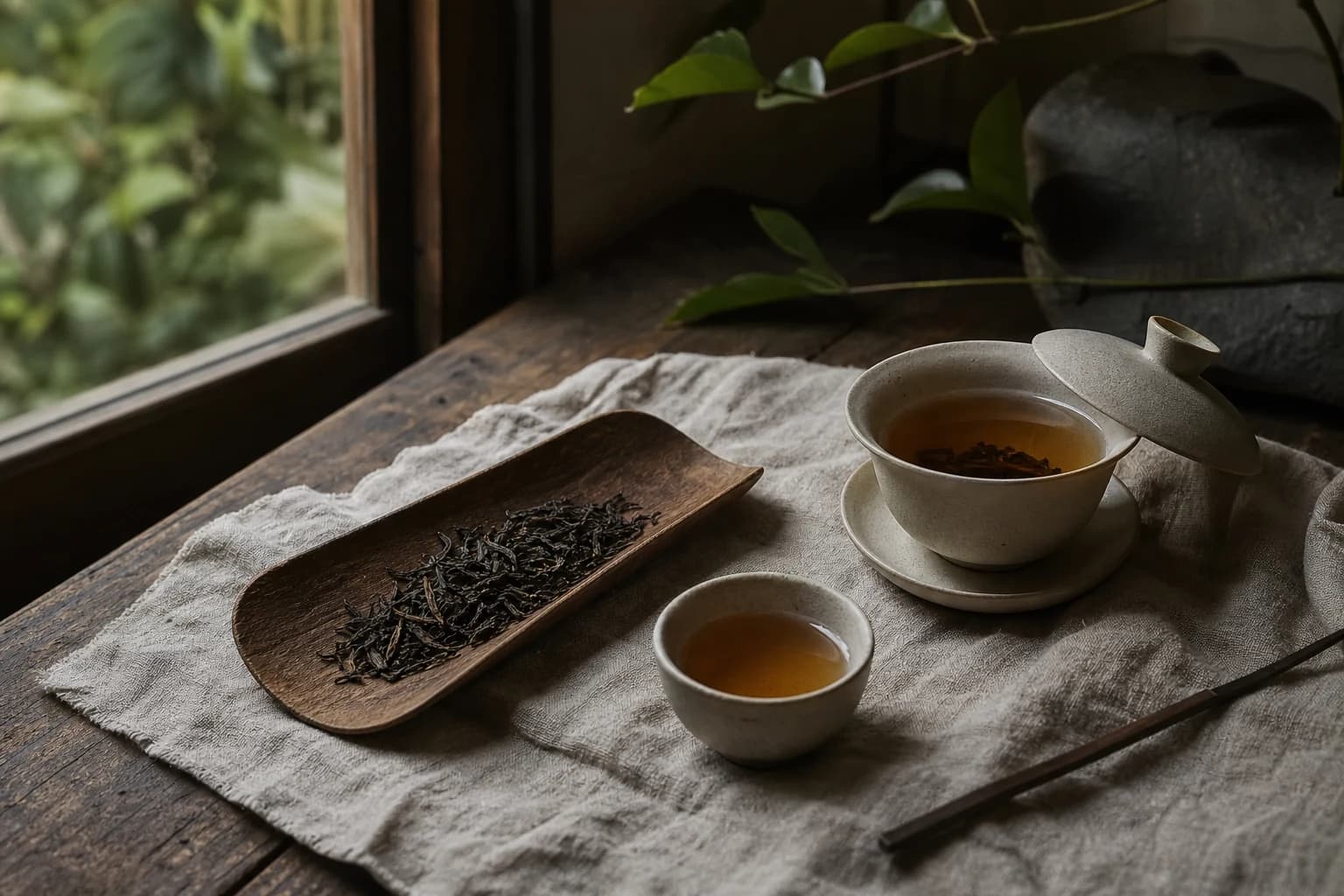 自然材质茶席与古树茶冲泡场景